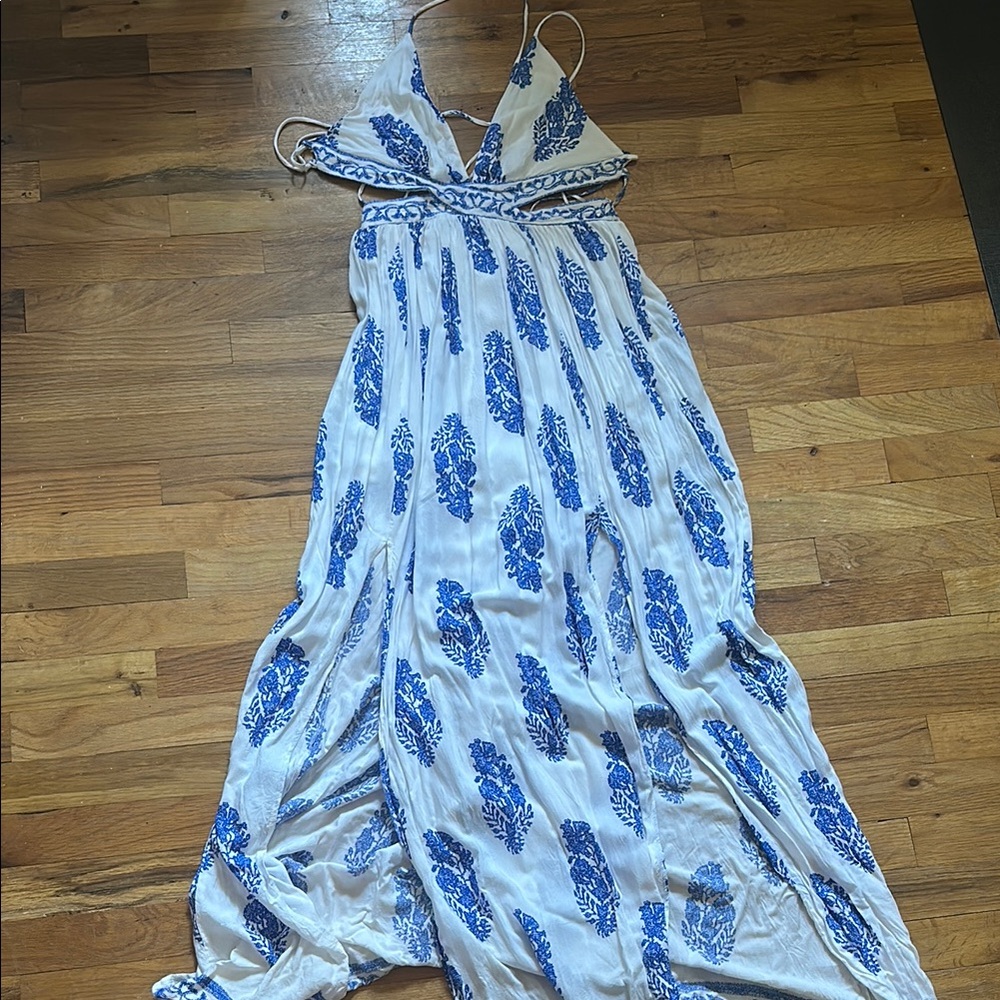 Greek-Inspired Blue and White Maxi Dress